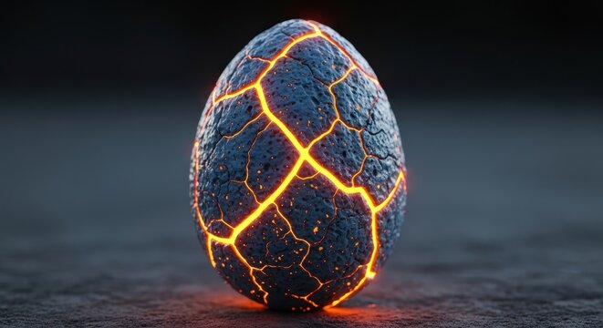 Futuristic glowing sci-fi egg with cracked lava surface on dark background
