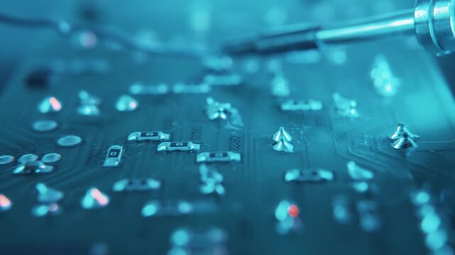 Close-up of a motherboard pc component repair. Man soldering a circuit board with soldering iron and solder