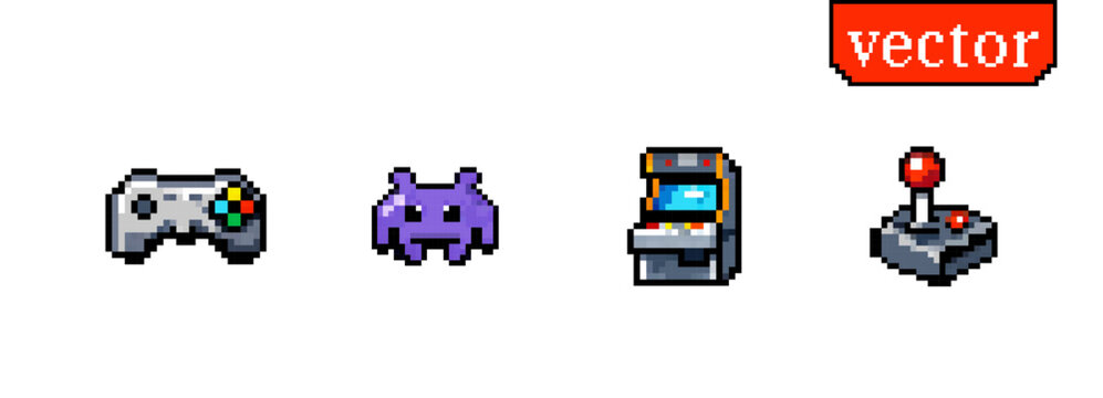 Pixel arcade game icons with controller alien machine and joystick retro videogame elements