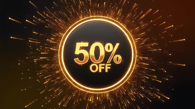 Golden 50 percent off discount announcement with sparkling explosion effect sale offer