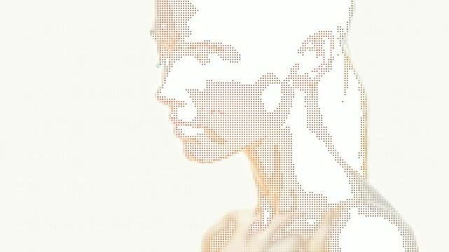 Animated portrait of a woman rendered in a vintage halftone pixel art style. This artistic representation shows elegance and digital aesthetic.