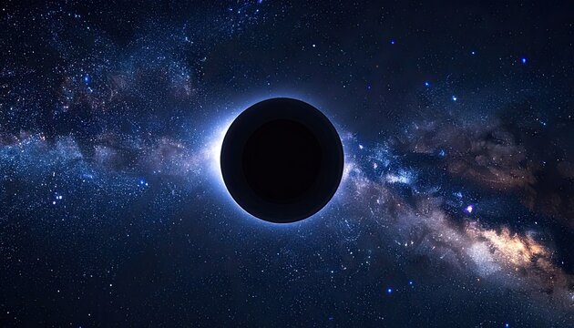 A stark black hole looms in the vastness of space, surrounded by a luminous galaxy.