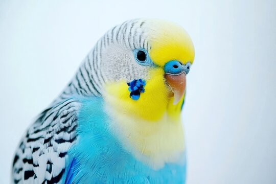 Parakeet shows bright blue and yellow color against clean backdrop in detailed portrait