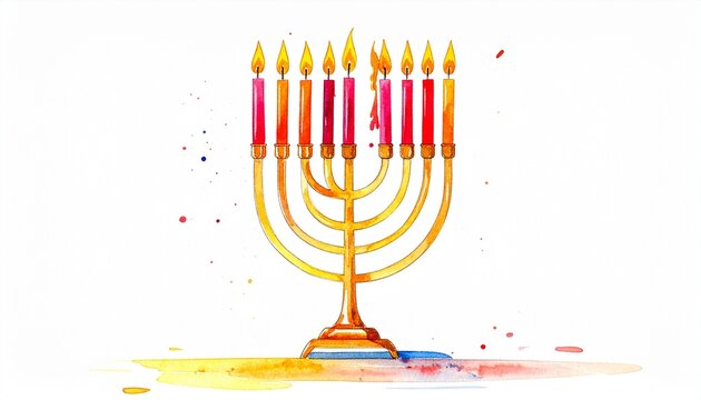 Golden menorah with nine lit candles, shamash elevated, festive dots on blue surface, symbolizing Hanukkah celebration, tradition, miracle of light, and cultural resilience.