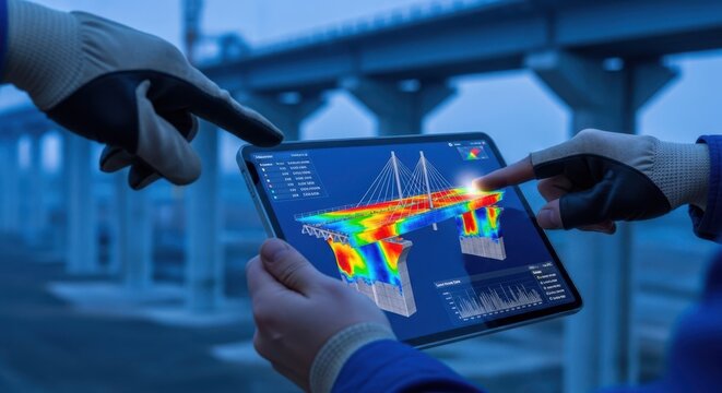 Closeup of hands analyzing digital bridge load stress, blurred site, blue lighting, civil engineering, sharp focus, high detail.