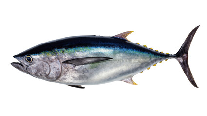 Fototapeta premium Vibrant raw whole tuna fish with dark blue back and silvery belly, ready for market