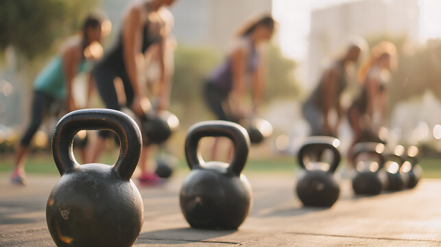 Close-up of kettlebells with blurred group of diverse athletes engage in outdoor fitness training session at sunrise or sunset light