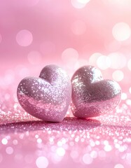 Fototapeta premium Two Glittering Pink Hearts Against a Bokeh Background