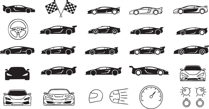 Various sports car silhouettes and racing on white background sports cars racing cars checkered flags