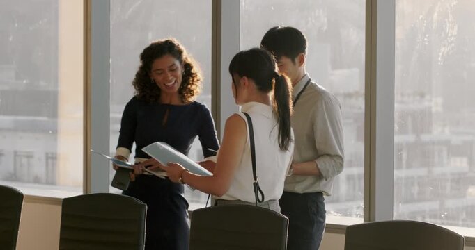 Creative, team and group with paperwork in office, discussion and planning for ad budget or campaign. Business, media strategist and people with documents for pr assignment, talking and collaboration