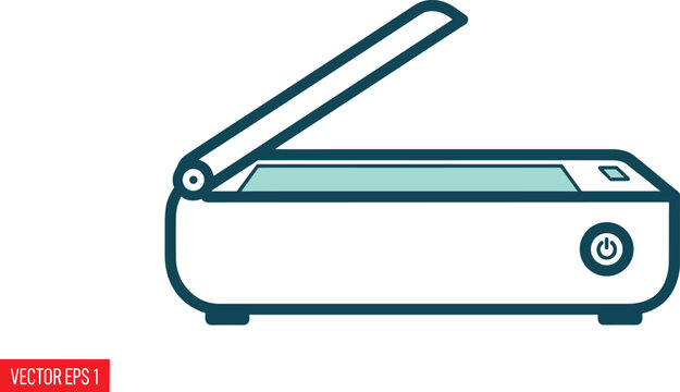 Scanner or printer device with open lid and power button, office equipment for document handling