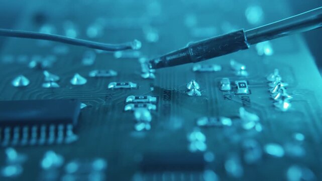 Close-up of a motherboard pc component repair. Man soldering a circuit board with soldering iron and solder