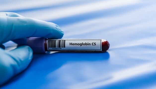 Blood sample tube for hemoglobin CS test analysis.