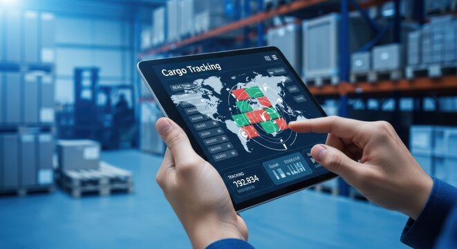 Closeup of hands checking digital cargo tracking status, blurred warehouse, blue lighting, shipping tech, sharp focus, high detail.