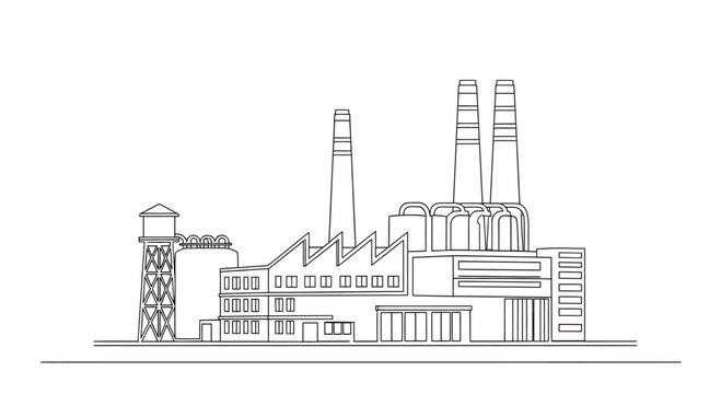 A stark, linear illustration of an industrial complex with multiple structures and chimneys
