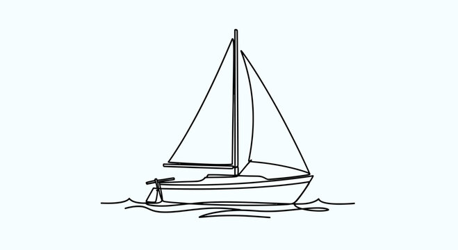 A minimalist, black-line drawing of a sailboat on water