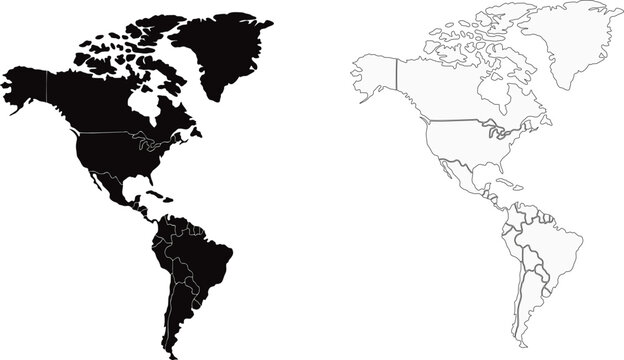 north and south america silhouett and outline map set