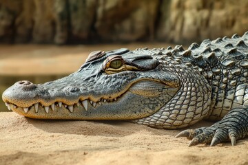 Fototapeta premium Nile crocodile resting on sandy bank near water in natural habitat during daytime