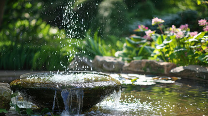 Fototapeta premium Serene garden fountain with water flowing from a bowl shaped stone into a pond surrounded by lush greenery and vibrant pink flowers on a sunny day