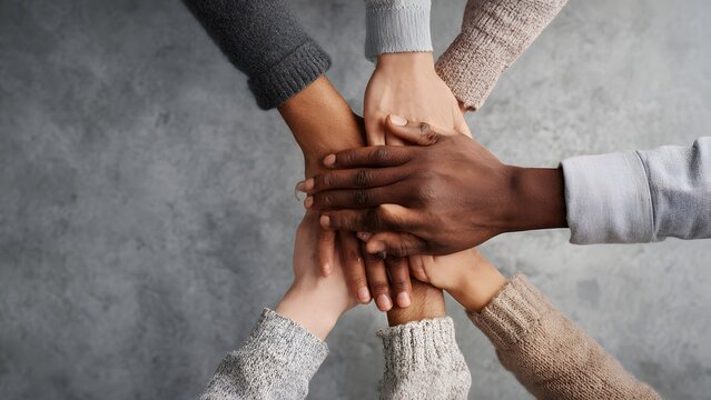 Studio shot from above showing a compact circle of coworkers&rsquo; hands layered on top of each other, mixed skin tones, neatly rolled-up sleeves