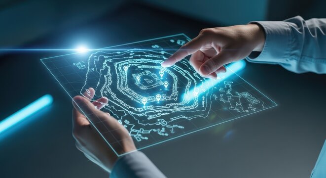 Professional hands manipulating virtual archaeological site map, blurred room, neon blue, history technology, shallow depth, sharp stock photo.