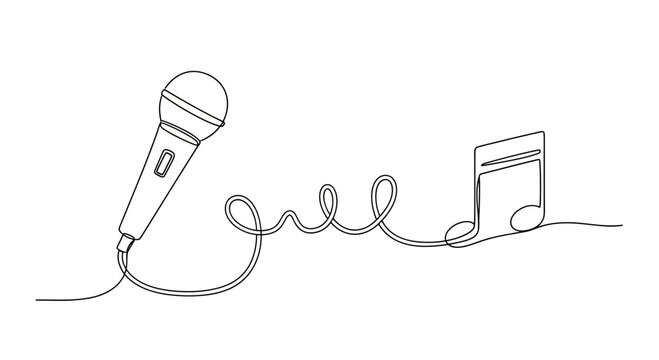 A single line drawing connects a microphone to a musical note with a coiled cord