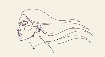 Minimalist profile portrait of a woman with flowing hair in a single continuous line © STwul