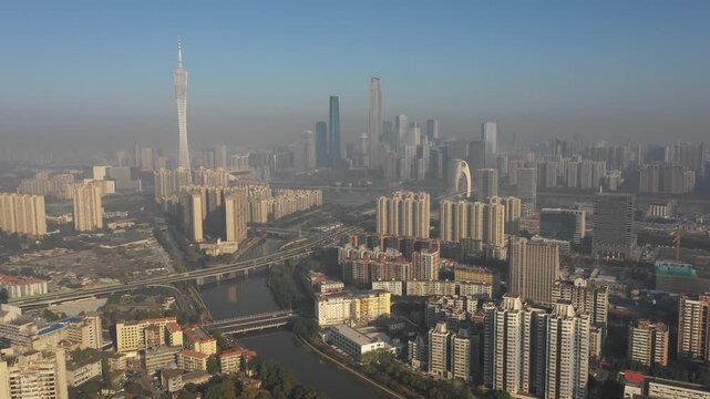 Aerial drone flight of modern urban landscape of Guangzhou city skyline in China
