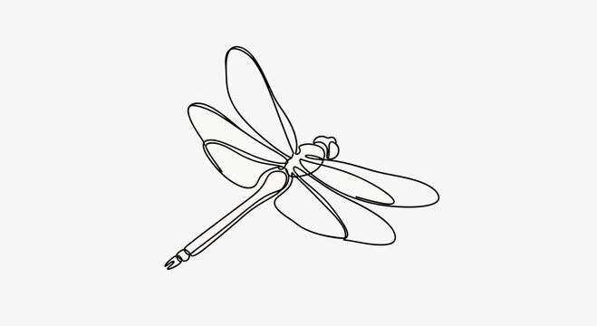 A minimalist black line drawing of a dragonfly in flight