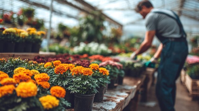 With flowers extending forward, attentive work shapes each stage of growth, while the blurred surroundings highlight expertise, routine care, and the quiet discipline of floriculture.
