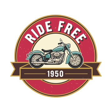 Vintage motorcycle emblem, ride free, retro style, 1950s
