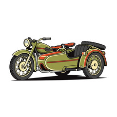 Obraz premium Vintage motorcycle with sidecar, retro transport, green and red colors, isolated on white