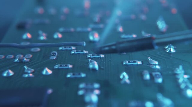 Close-up of a motherboard pc component repair. Man soldering a circuit board with soldering iron and solder