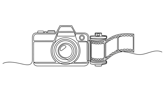 Continuous line drawing of a vintage camera with film reel