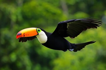 Fototapeta premium Toco Toucan flies through the air, showing its orange beak and black feathers in a lush green environment