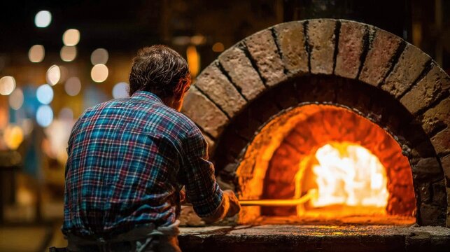 Seen from behind, a glassblower manipulates molten material, with a blurred setting that underscores creativity, control, and the demanding craft of the trade.
