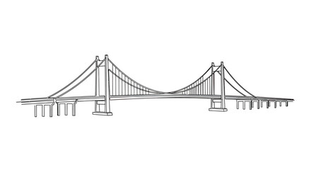 Fototapeta premium A stark, black-and-white illustration of a suspension bridge with a central span supported by two towers and suspension cables
