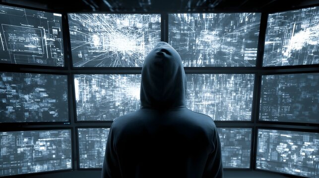 Hooded figure in front of multiple monitors, cyber attack defense