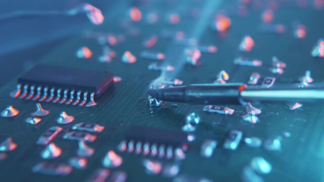 Close-up of a motherboard pc component repair. Man soldering a circuit board with soldering iron and solder