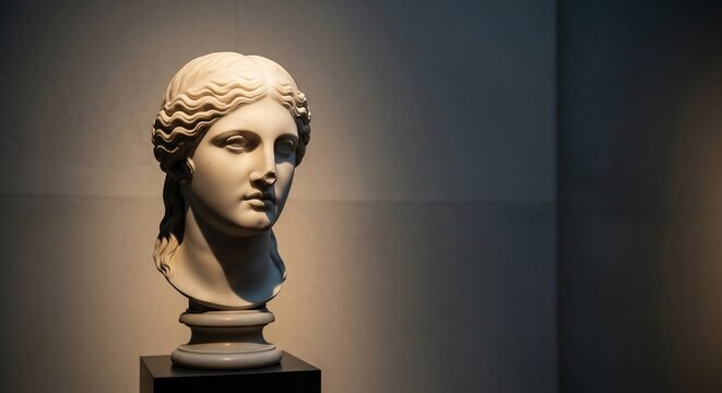 Ancient Greek Marble Bust of a Woman Displayed in Museum Lighting.