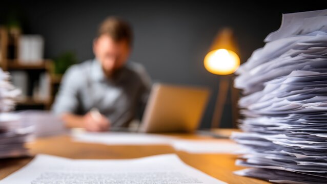 A book editor reviews manuscripts at a desk, seen from behind, with blurred office surroundings emphasizing focus, literary craftsmanship, and the editing process.
