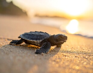 Obraz premium Tiny sea turtle emerging onto a sandy beach at sunrise