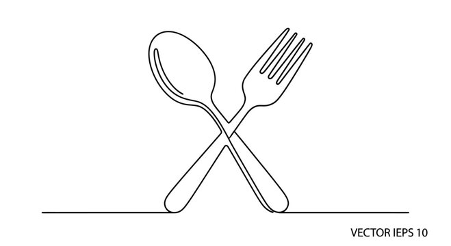 Simple line drawing of a spoon and fork crossed