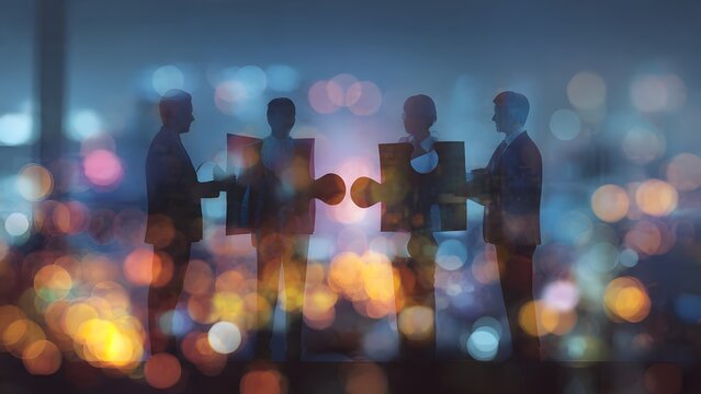 Corporate hands assembling four-piece primary puzzle with layered city lights and abstract bokeh suggesting networked problem-solving