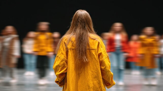 A choreographer directs dancers from behind, facing a rehearsal space, while blurred performers highlight artistic leadership, movement design, and creative vision.
