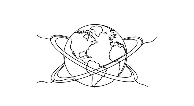 A minimalist depiction of Earth encircled by abstract, orbiting ellipses
