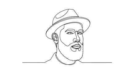 Obraz premium Minimalist black line art portrait of a man wearing a fedora with a beard