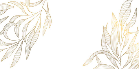 Naklejka premium Luxury gold floral pattern with elegant line leaves and flowers on white background. Vector illustration, Japanese ornament with modern art deco style, organic shapes, flowing lines.