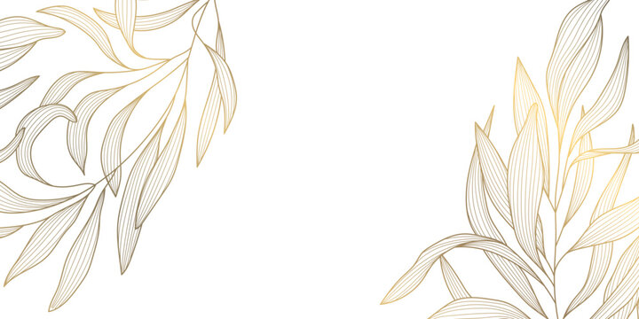 Luxury gold floral pattern with elegant line leaves and flowers on white background. Vector illustration, Japanese ornament with modern art deco style, organic shapes, flowing lines.