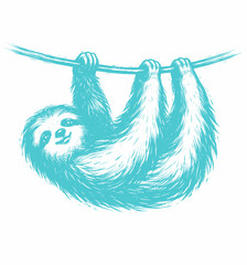 Fototapeta premium Vector illustration of a cute sloth hanging from a line, depicted in a playful brush stroke style with a vibrant blue-green color, isolated on white